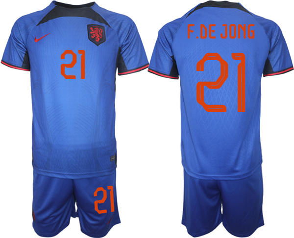 Men's Netherlands #21 F. De Jong Royal Away Soccer Jersey Suit